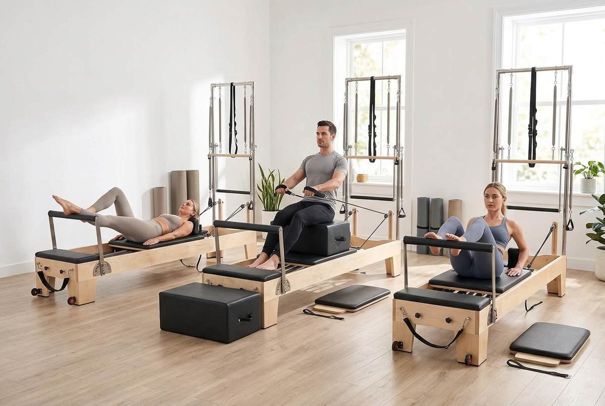 Pilates Reformer Machine, Wooden Pilates Workout Equipment for Home Gym Studio Use, Pilates Bed with Dual Resistance- Spring & Cord, Reformer Set with Sitting Box, Up to 400 LBS