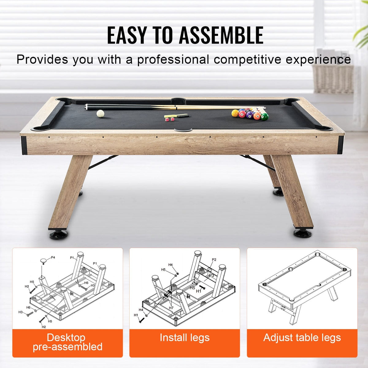 7 Ft Billiards Table with Adjustable Legs and Complete Accessory Set