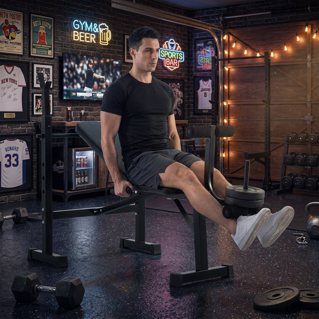 Adjustable Weight Bench and Barbell Rack Set with Weight Plate Post