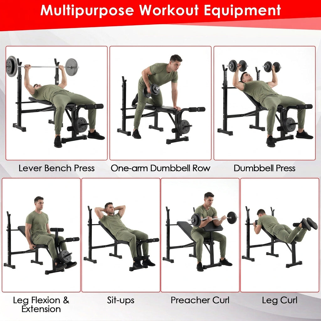 Adjustable Weight Bench and Barbell Rack Set with Weight Plate Post