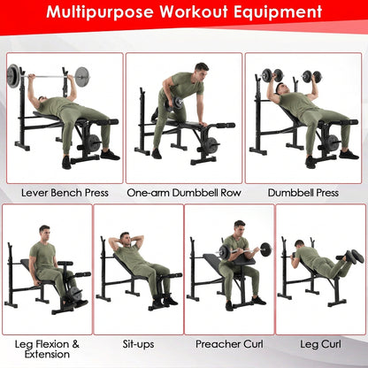 Adjustable Weight Bench and Barbell Rack Set with Weight Plate Post