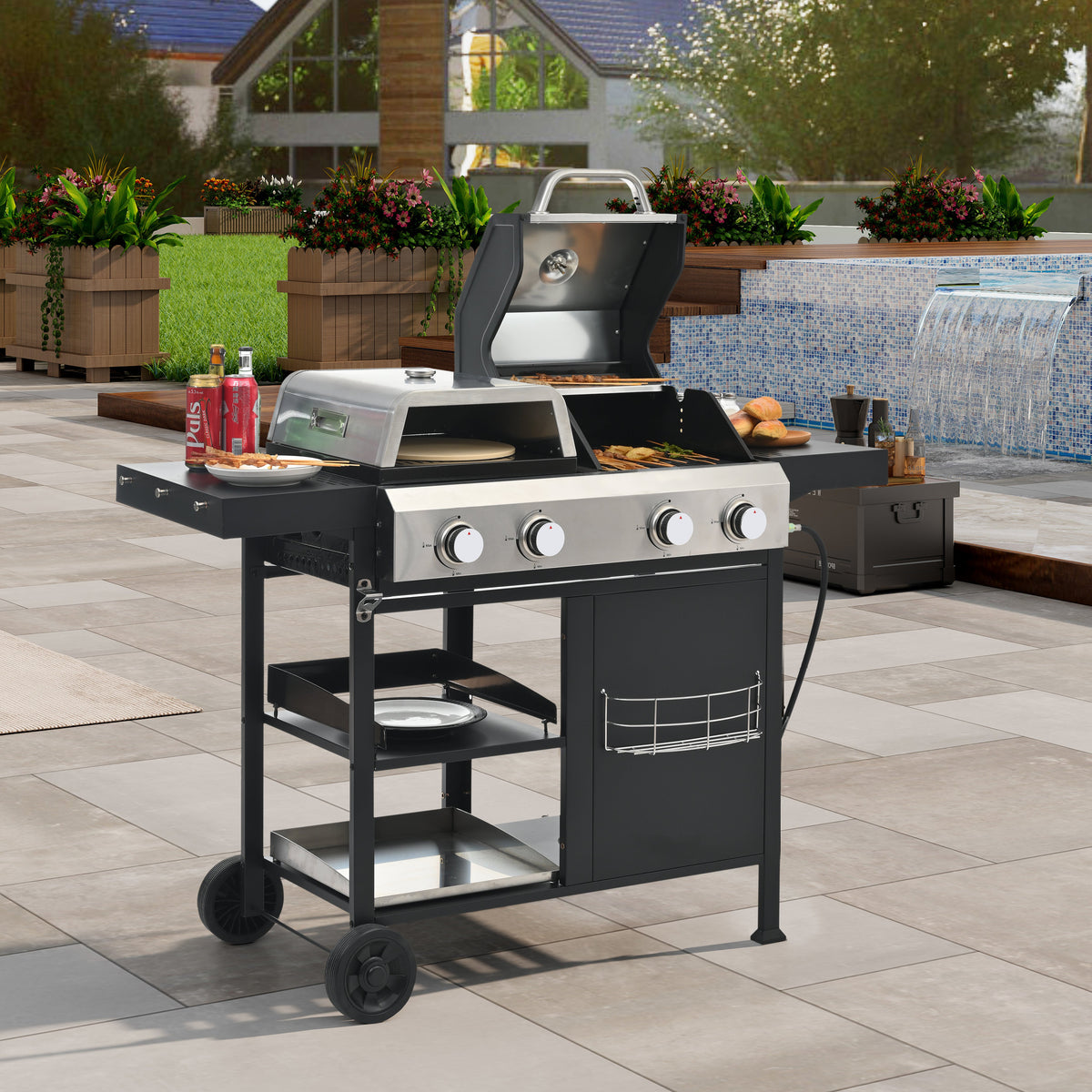 2+2 Multi-Function Gas Grill and Griddle Combo with Pizza Pan and Cover