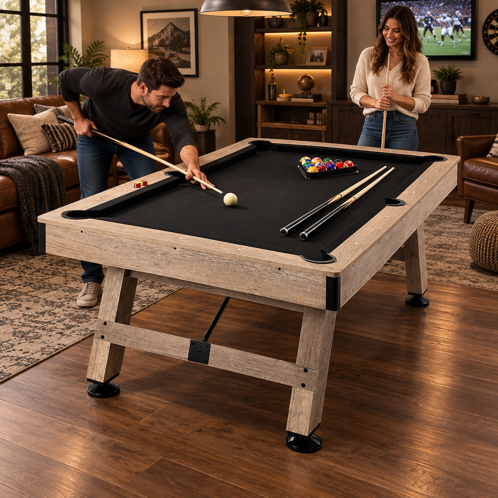 Billiards Table, 7 ft Pool Table, Adjust Legs Stable Billiards Table, Pool Table Set Includes Balls, Cues, Chalks and Brush, Wood Color with Black Cloth, Perfect for Family Game Room Kids Adults