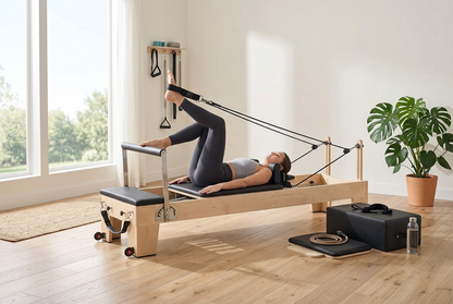 Pilates Reformer Machine, Wooden Pilates Workout Equipment for Home Gym Studio Use, Pilates Bed with Dual Resistance- Spring & Cord, Reformer Set with Sitting Box, Up to 400 LBS