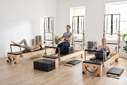 Pilates Reformer Machine, Wooden Pilates Workout Equipment for Home Gym Studio Use, Pilates Bed with Dual Resistance- Spring & Cord, Reformer Set with Sitting Box, Up to 400 LBS