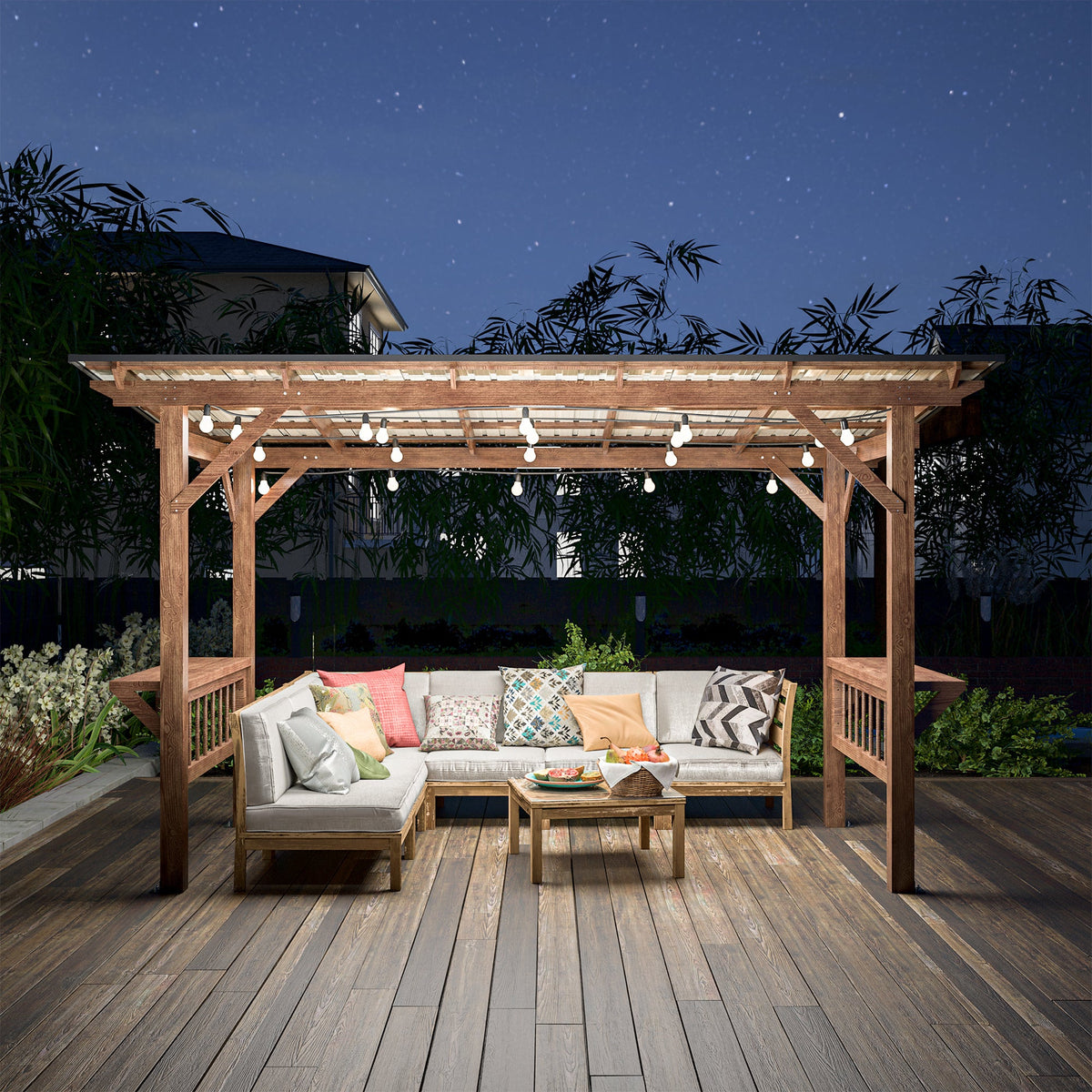 13' x 6.5' Wooden Pergola Grill Gazebo with Metal Roof & Bulbs & Bar Counters