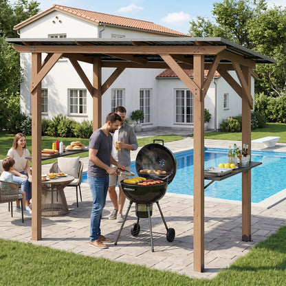 Cedar Wood Grill Gazebo with Galvanized Metal Roof and Side Shelves