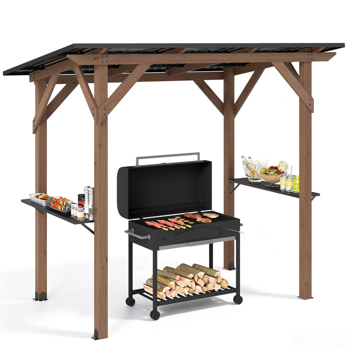 Cedar Wood Grill Gazebo with Galvanized Metal Roof and Side Shelves
