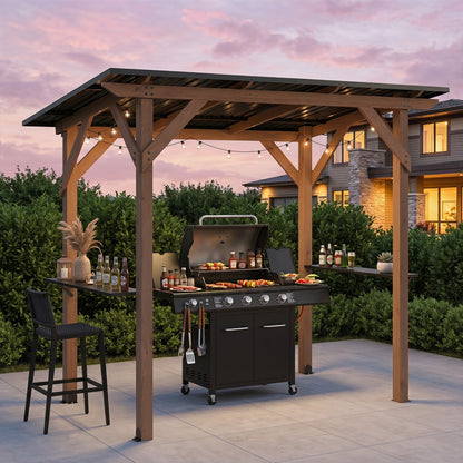 Cedar Wood Grill Gazebo with Galvanized Metal Roof and Side Shelves