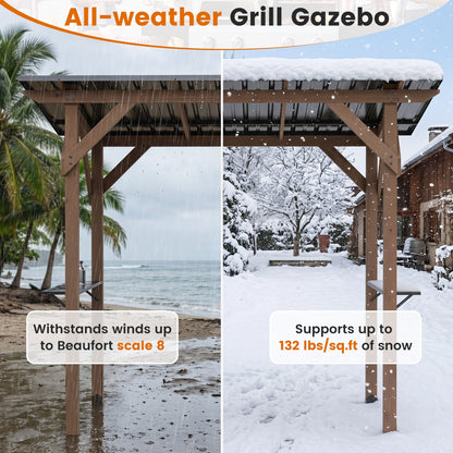 Cedar Wood Grill Gazebo with Galvanized Metal Roof and Side Shelves