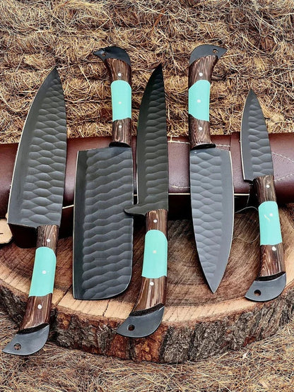 Custom Handmade Chef Knives Set / Kitchen Knives Set / 5Pcs Chef Set / Black Coated Blades Chef Knives Set / BBQ Knives Set / Best gift item / Mother Day Gift / Professional Chef For Gift