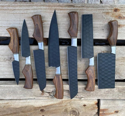 Custom Handmade Chef Knives Set / Kitchen Knives Set / 7Pcs Chef Set / Black Coated Blades Chef Knives Set / BBQ Knives Set / Best gift item / Mother Day Gift / Professional Chef For Gift