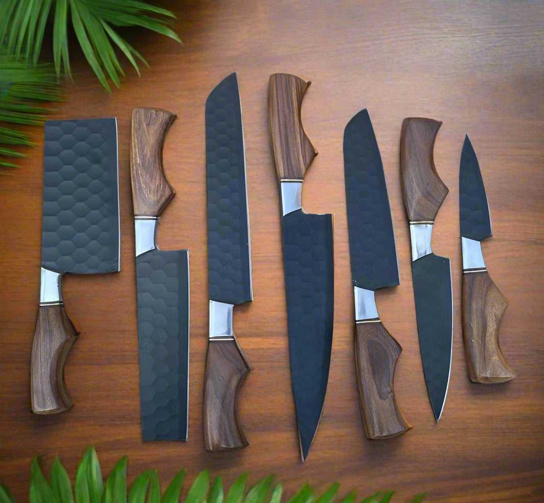 Custom Handmade Chef Knives Set / Kitchen Knives Set / 7Pcs Chef Set / Black Coated Blades Chef Knives Set / BBQ Knives Set / Best gift item / Mother Day Gift / Professional Chef For Gift
