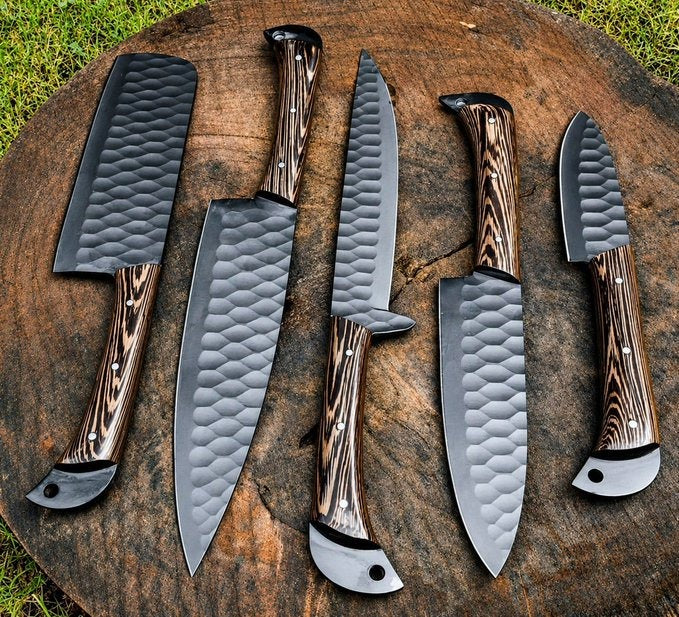 Custom Handmade Chef Knives Set / Kitchen Knives Set / 5Pcs Chef Set / Black Coated Blades Chef Knives Set / BBQ Knives Set / Best gift item / Mother Day Gift / Professional Chef For Gift