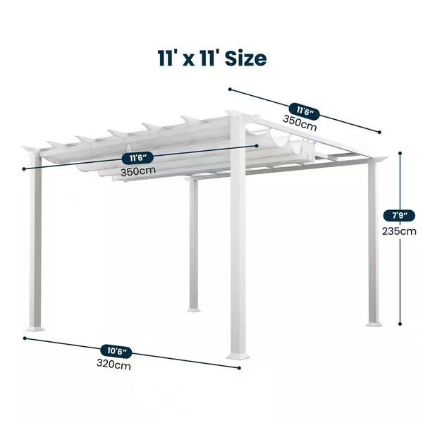 Aluminum Pergola Built for Year-Round Use, 11x11 Ft, Convertible Canopy, Wood Grain Finish, Rust-Resistant