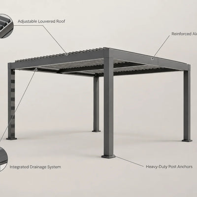 Aluminum Louvered Pergola Built for Outdoor Living, 12x24 Ft, Adjustable Louvers, Integrated Drainage
