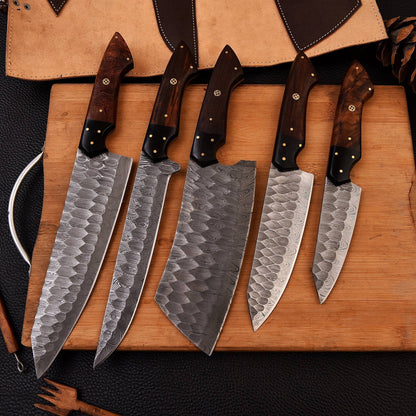 Custom Handmade Chef Knives Set / Kitchen Knives Set / 5Pcs Chef Set / Damascus Blades Chef Knives Set / BBQ Knives Set / Best gift item / Mother Day Gift / Professional Chef For Gift